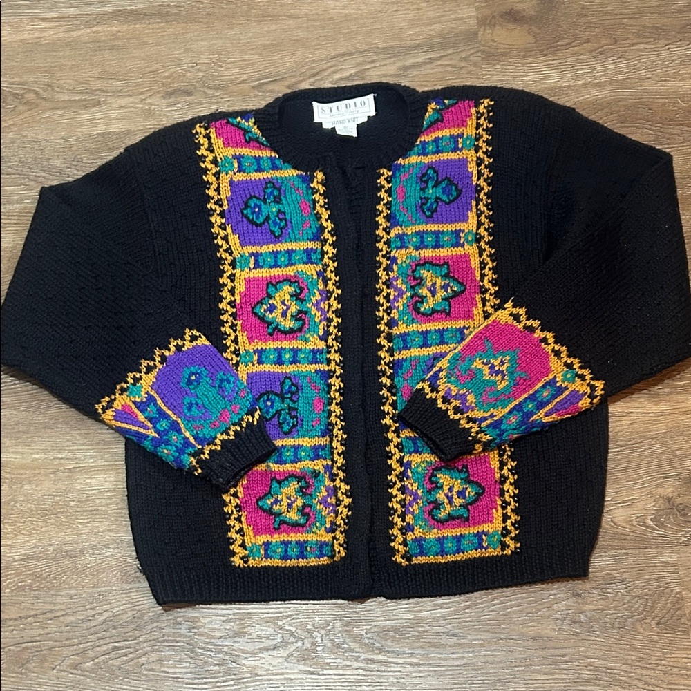 Studio Black Knit Cardigan with Colorful Geometric Panels